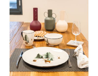 Vaisselle en porcelaine décor Cerf et Sapin, style fait main (Assiette 27cm)
