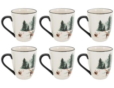 Vaisselle en porcelaine décor Cerf et Sapin, style fait main (Tasse)