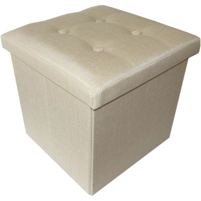 Pouf de rangement pliable aspect lin Kube - Bleu - 37,5 x 37,5 x H 37