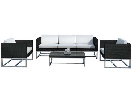 Salon de jardin design 6 éléments en résine noire coussins écrus Salon de jardin design 6 éléments en résine noire coussins écrus