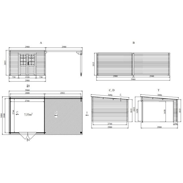 Abri de jardin toit plat avec auvent en bois - EDE-0239