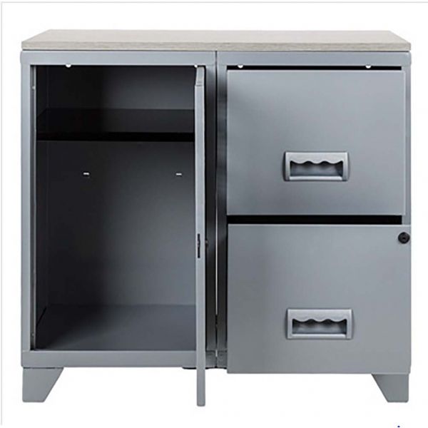 Armoire 1 porte et 2 grands tiroirs en acier avec plateau bois - 376,70