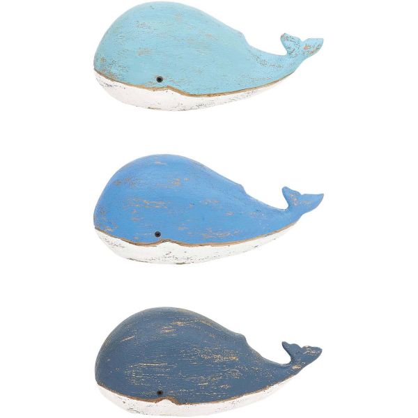 Baleines en bois blanc et bleu effet vieilli (Lot de 3) - BAT-0174