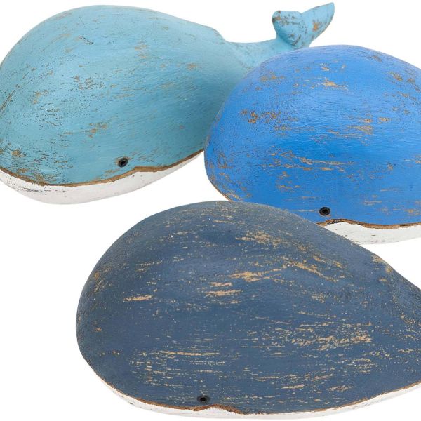Baleines en bois blanc et bleu effet vieilli (Lot de 3) - BAT-0174
