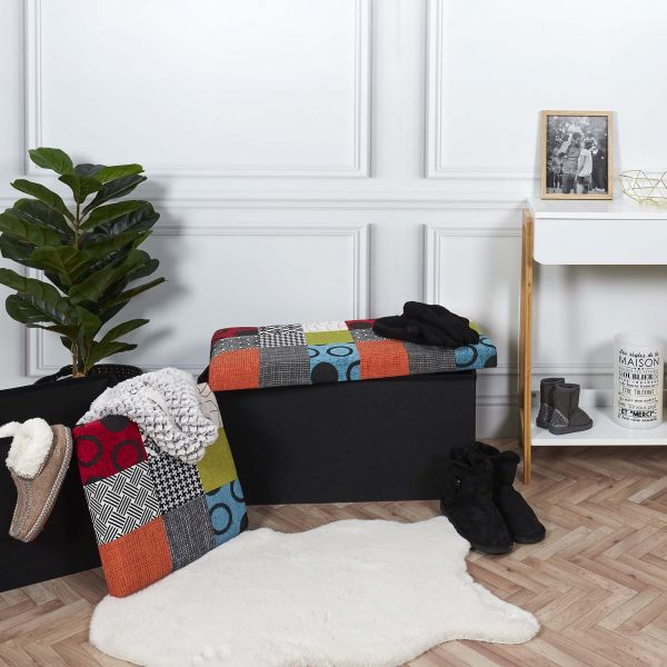 Banc coffre noir pliable couvercle à motifs - THE HOME DECO FACTORY