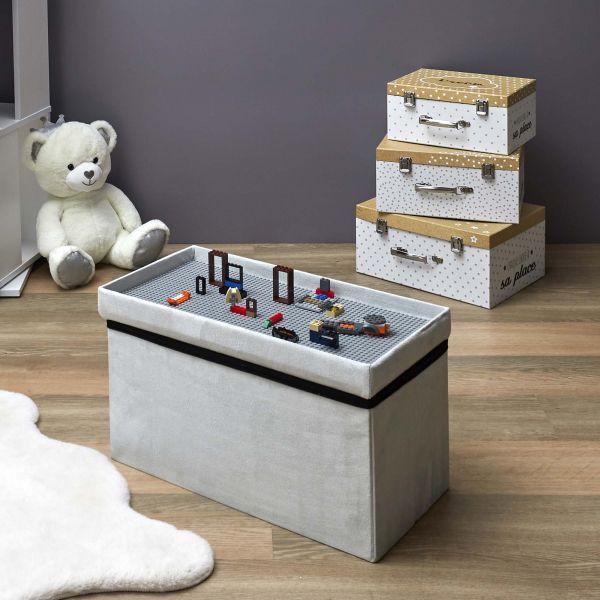 Banc coffre pliable en velours couvercle compatible briques de construction - THE HOME DECO KIDS