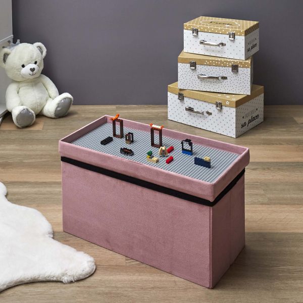 Banc coffre pliable en velours couvercle compatible briques de construction - THE HOME DECO KIDS