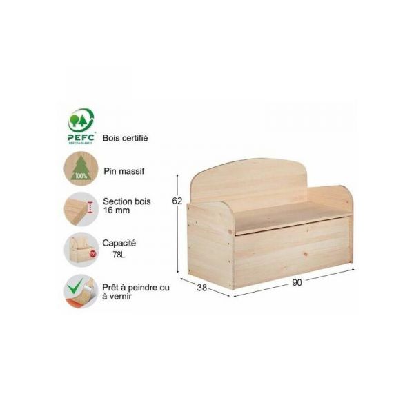 Banc Coffre De Rangement En Pin Brut 78 Litres