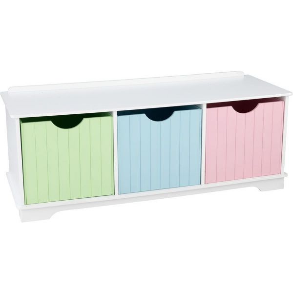 Banc de rangement en bois avec tiroirs pastel