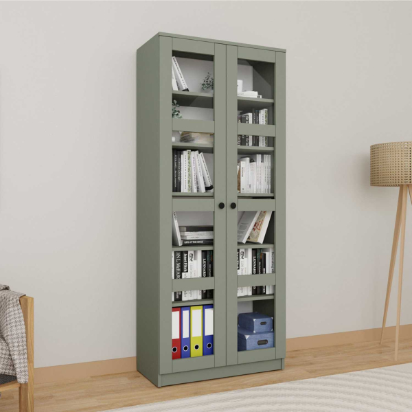 Bibliothèque 2 portes en aggloméré et verre Lucas - HANAH HOME