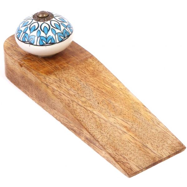 Bloc porte en bois de manguier avec bouton en grès Paon