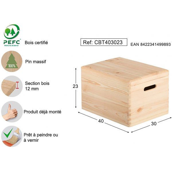 Boîte de rangement en pin massif avec couvercle - AST-0216