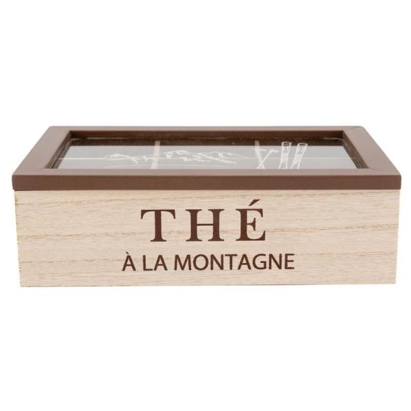 Boîte à thé en bois naturel avec décor montagne et couvercle en verre - AUB-6799