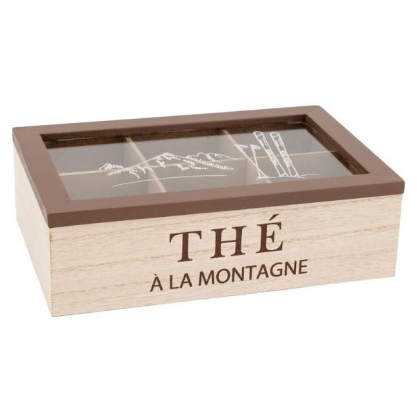 Boîte à thé en bois naturel avec décor montagne et couvercle en verre