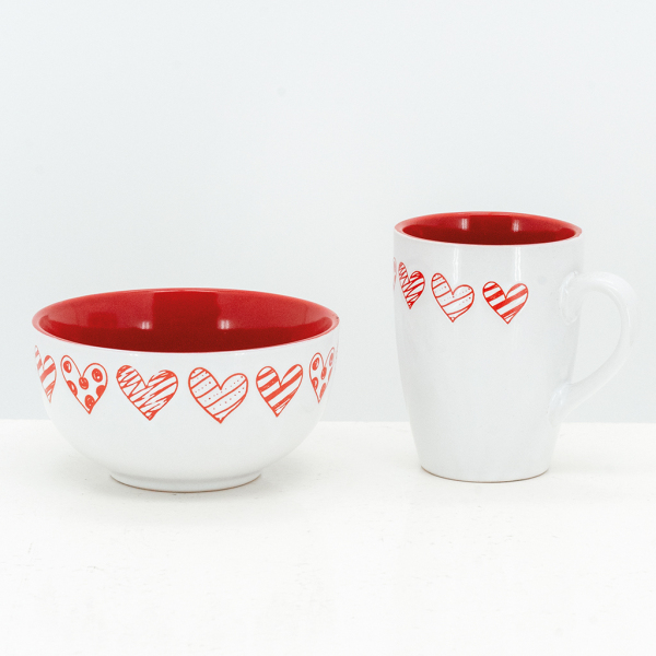 Bol en grès blanc avec coeur rouge (Lot de 3) - 5
