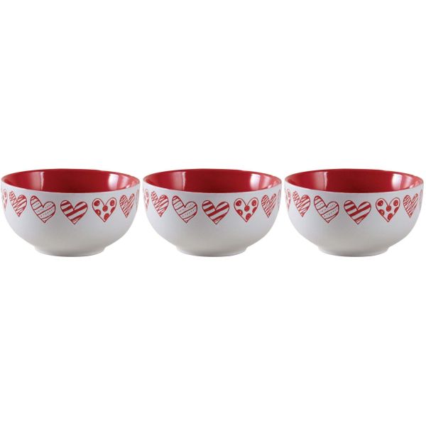 Bol en grès blanc avec coeur rouge (Lot de 3)