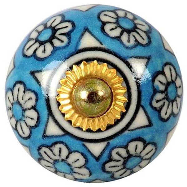 Bouton de porte rond bleu fleurs - TRANQUILLO