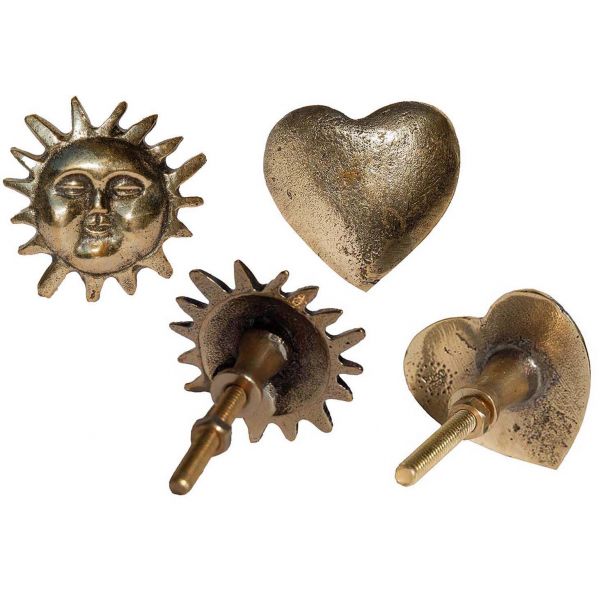 Boutons de porte coeur et soleil en laiton recyclé (Lot de 4)