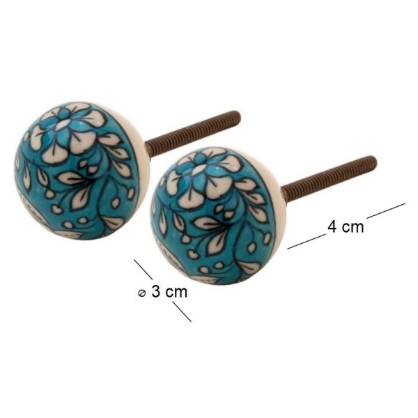 Boutons ronds en céramique fleurs bleues et blanches (Lot de 2) - TRANQUILLO