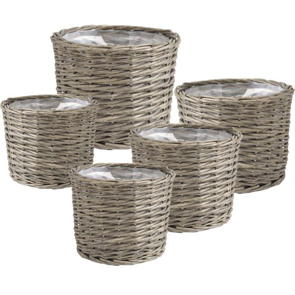Cache pot rond en osier gris (lot de 5)