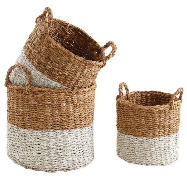 Cache-pots en jonc de mer naturel et blanc (lot de 3)