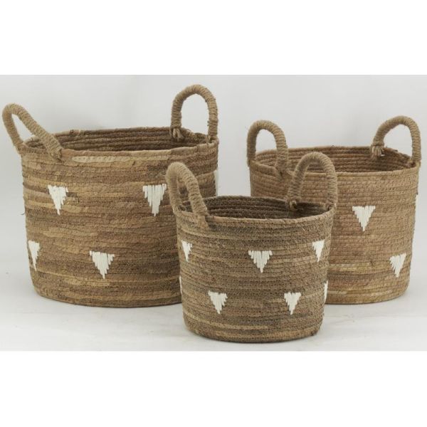 Cache-pots en abaca naturel et triangles blancs (lot de 3) - AUBRY GASPARD