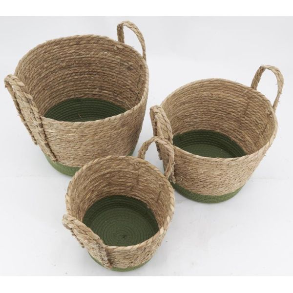 Cache-pots en jonc naturel et coton vert (lot de 3) - AUBRY GASPARD