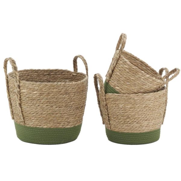 Cache-pots en jonc naturel et coton vert (lot de 3)