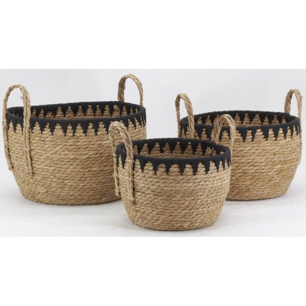 Cache-pots en jonc naturel et triangles noirs (lot de 3) - AUB-6267