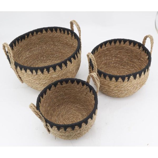Cache-pots en jonc naturel et triangles noirs (lot de 3) - AUB-6267
