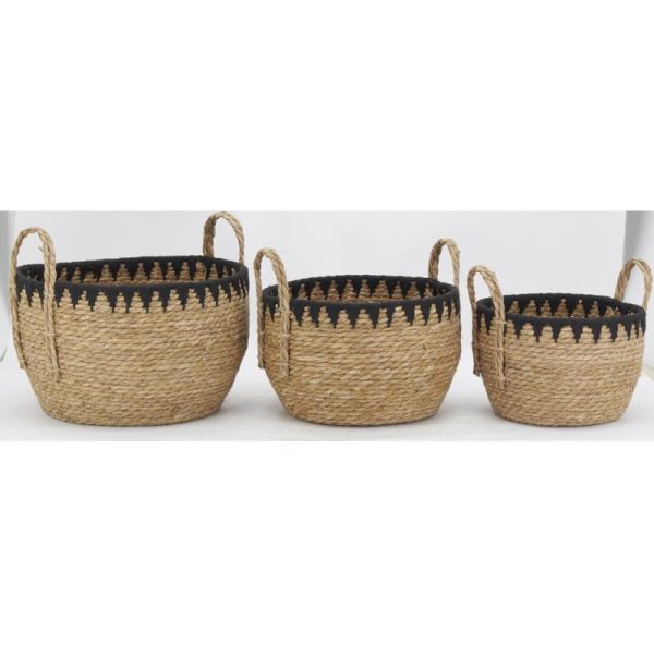Cache-pots en jonc naturel et triangles noirs (lot de 3) - 5