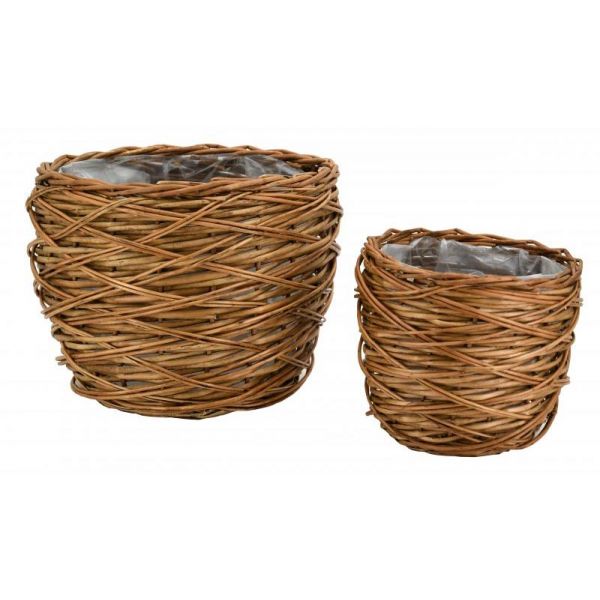Cache pots en osier vieilli avec doublure (Lot de 2)