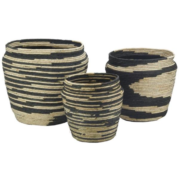 Cache-pots ronds en jonc naturel et noir Dakar