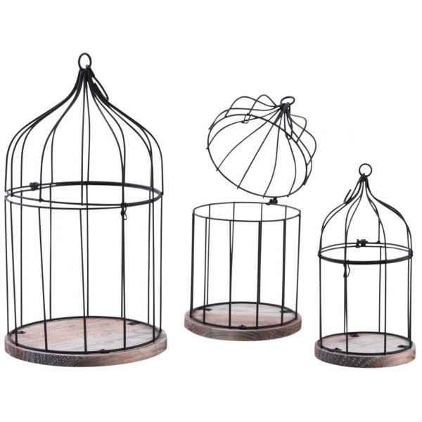 Cages en métal laqué et bois (Lot de 3)