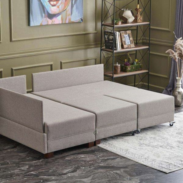 Canapé d'angle convertible en tissu beige Fly - 7