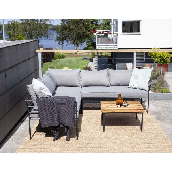 Canapé d'angle et table basse de jardin en acier et acacia Penh