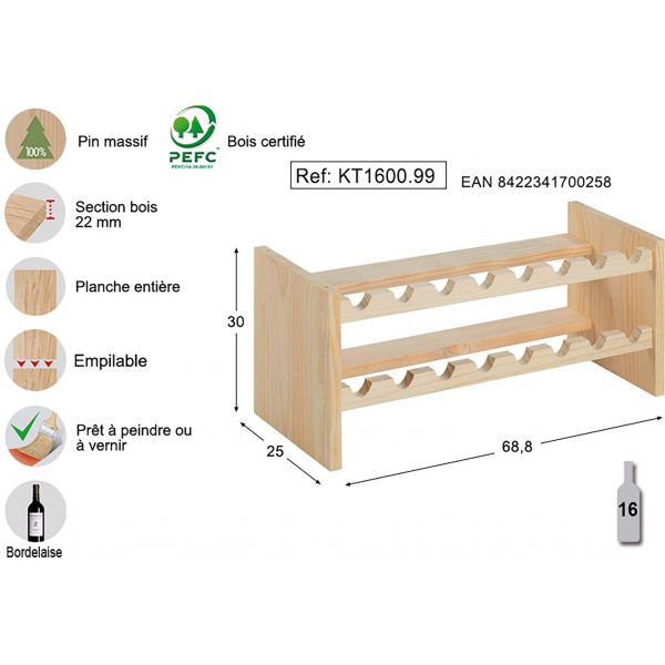 Casier à bouteilles empilable en pin Katea - AST-0128