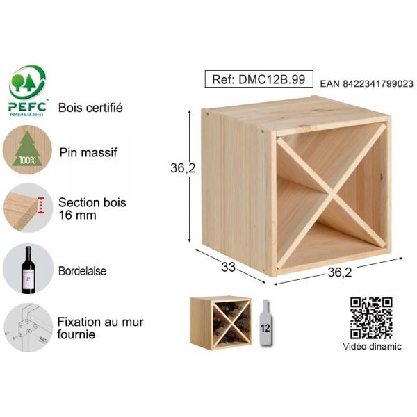 Casier à vin en pin avec 12 compartiments - 52x52x25 - ON RANGE TOUT