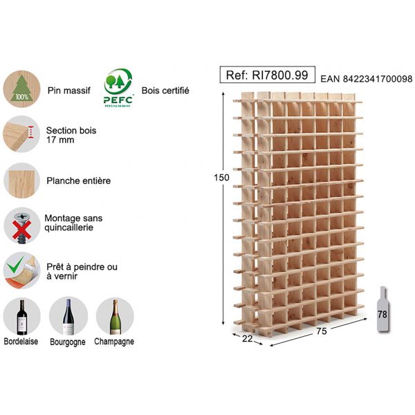 Casier à bouteilles en pin massif brut - AST-0177