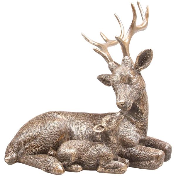 Cerf avec faon doré en résine 21 x 13 x 20 cm