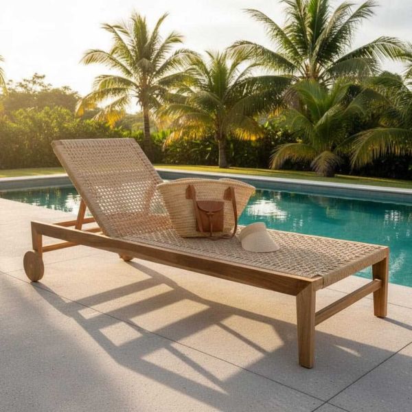 Chaise bain de soleil en teck et cannage synthétique BAIA - AUBRY GASPARD