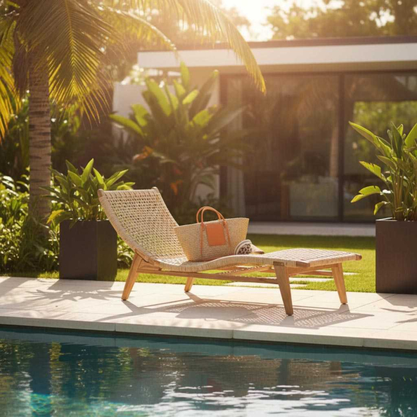 Chaise bain de soleil en teck et cannage synthétique BAIA - AUBRY GASPARD