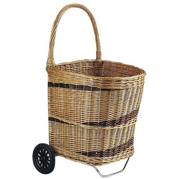 Chariot à bûches en osier sur roulettes