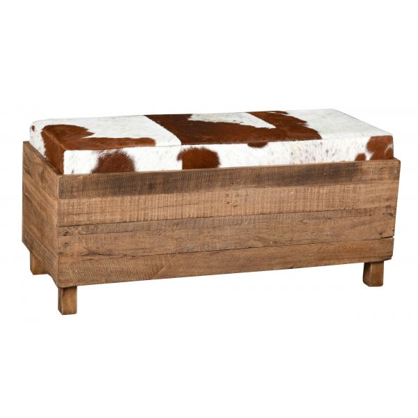 Coffre banquette en bois recyclé et peau de vache