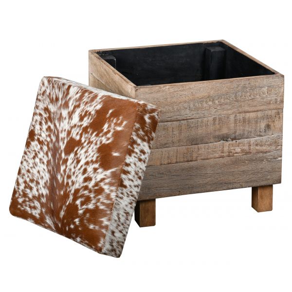 Coffre pouf carré en bois recyclé et peau de vache - AUB-4227