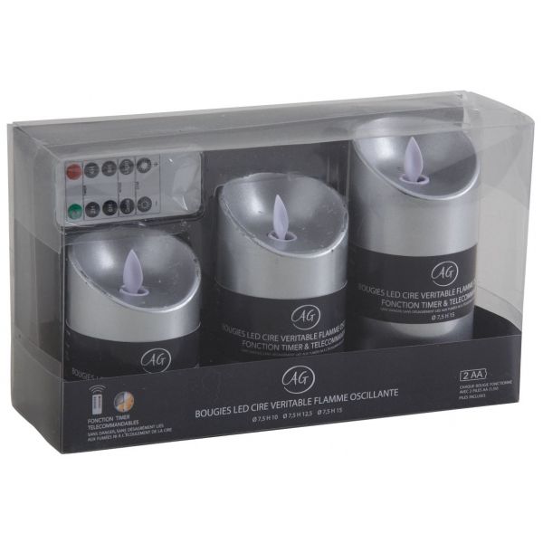 Coffret 3 bougies à LED avec télécommande Argent