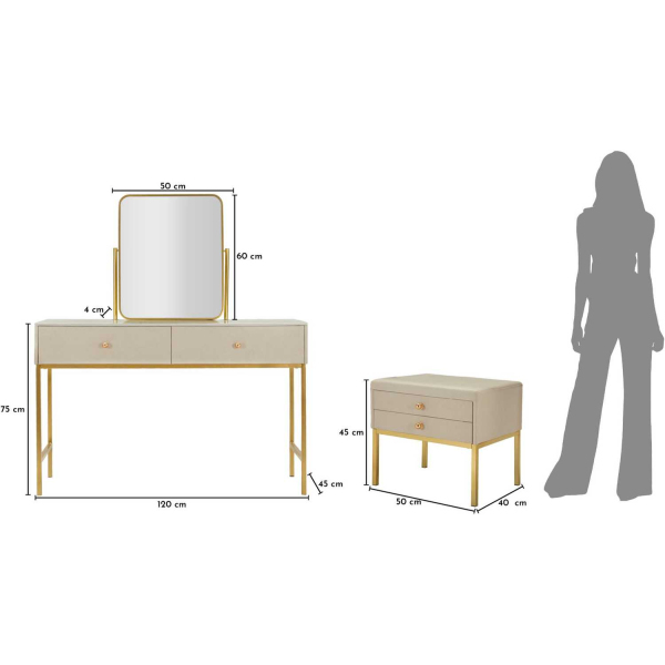Coiffeuse en bois de pin avec miroir et tabouret Luxury - MAU-0852