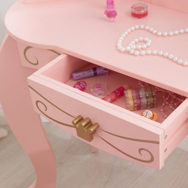 Coiffeuse en bois et tabouret rose pour enfant Princesse - KID-0160