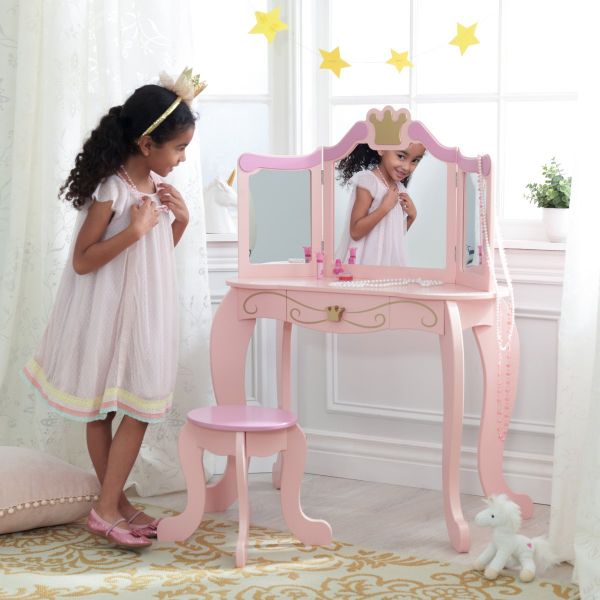 Coiffeuse en bois et tabouret rose pour enfant princesse