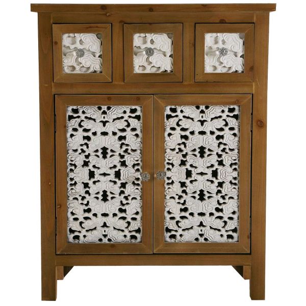 Commode de rangement en bois et blanc motif fleur Agnette - VER-0449